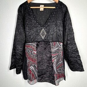 VTG Faded Glory Womens‎ Plus 22/24W Paisley Tunic Top Black Embellished Boho Y2K